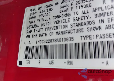 2008 Honda Accord 3.5 Ex-L from USA, damaged, VIN 1HGCS22878A010635